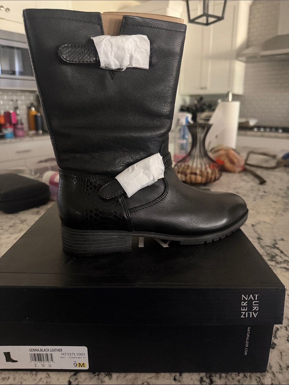 Naturalizer Black Leather Heeled Mid-Calf Boots